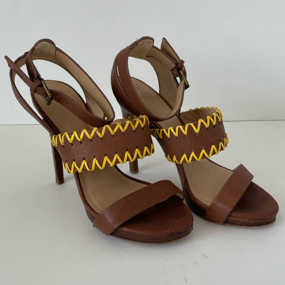 Joe's Riana Tan and Yellow Zig Zag Embroidered Strap Heel Sandals • Size 6 🗣